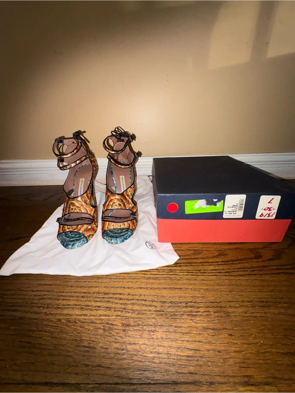 Tabitha Simmons Orange and Blue Patterned Strappy Heels